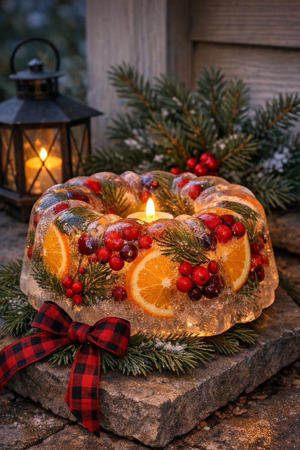 Finished frozen bundt porch luminary glowing on a winter porch