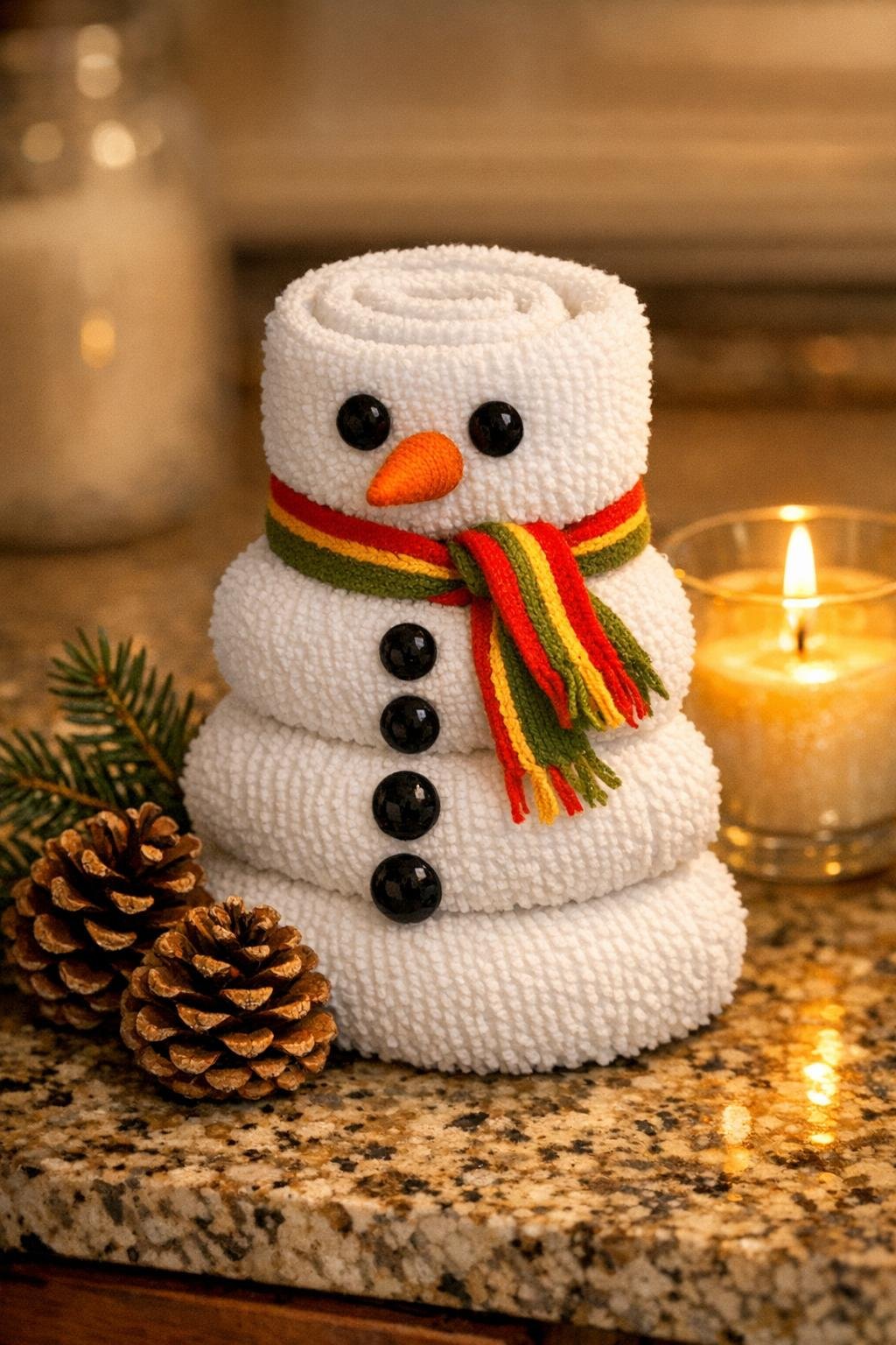 Completed rolled washcloth snowman displayed as a winter decoration