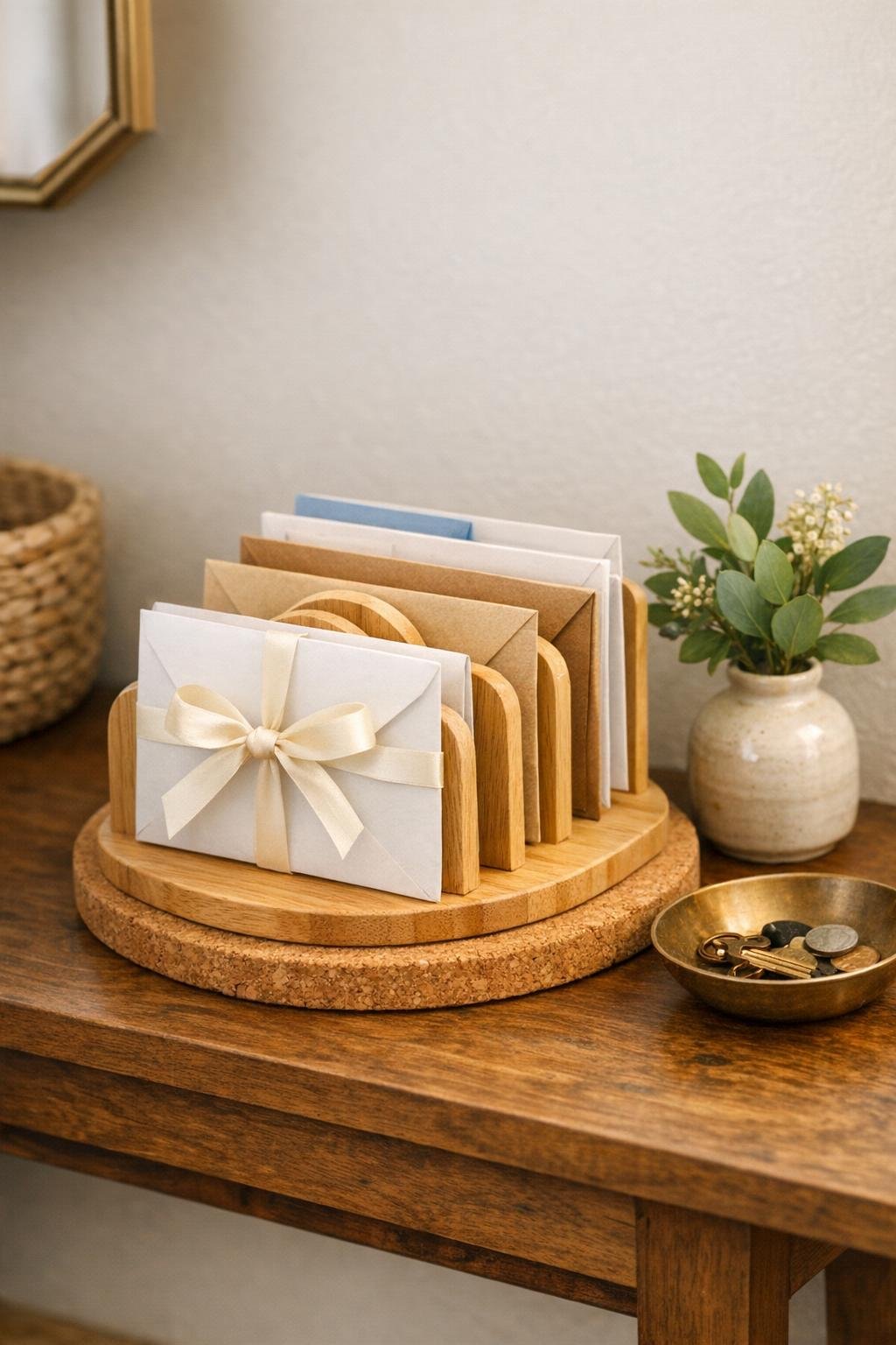 Finished wooden toast rack mail sorter on a cork trivet in an entryway