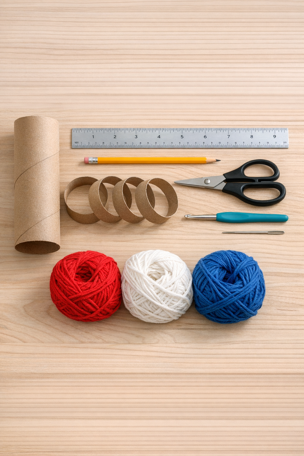 Materials for a crochet patriotic drink sleeve holder laid out on a table