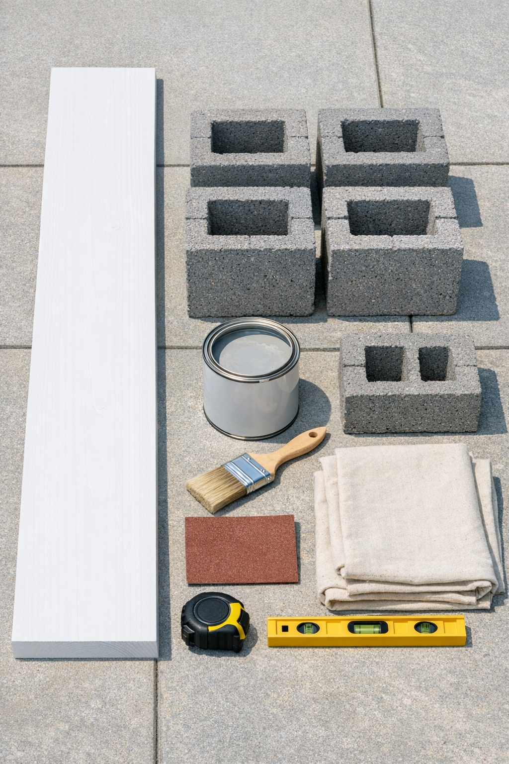 Cedar plank, gray cinder blocks, paint, brush, sandpaper, and outdoor supplies laid out for the projector shelf