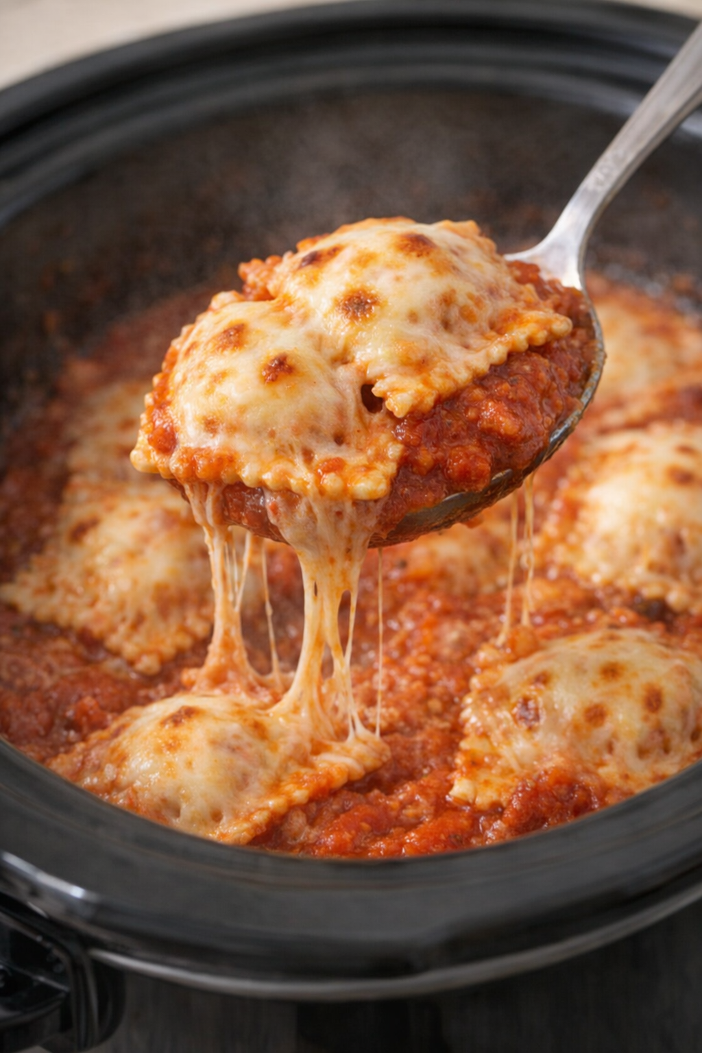 Serving a spoonful of cheesy ravioli from the slow cooker