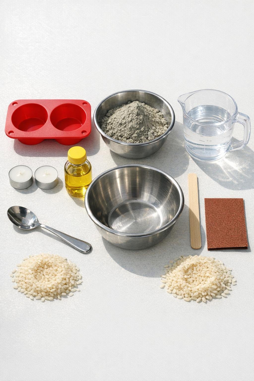 Materials for making scalloped concrete harvest votives laid out on a table