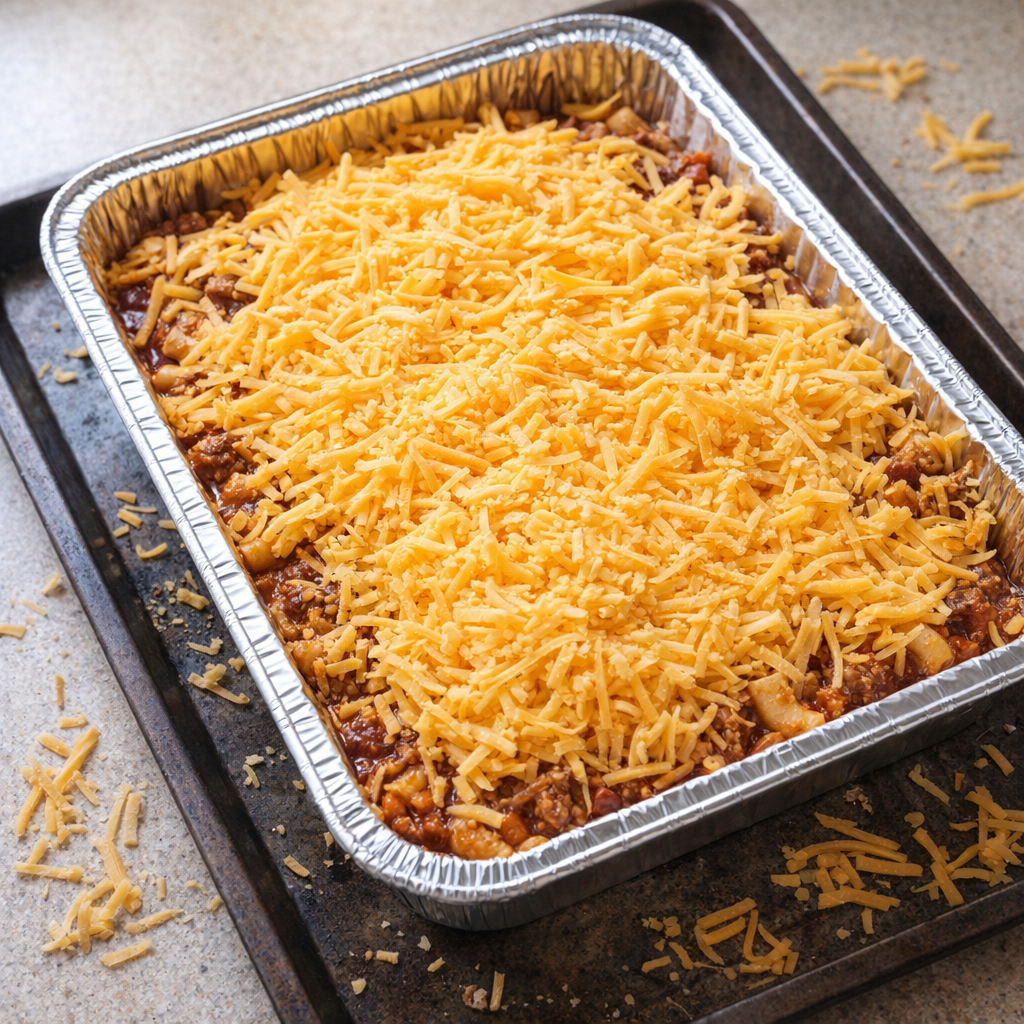 Unbaked chili mac topped with shredded cheddar in foil pan
