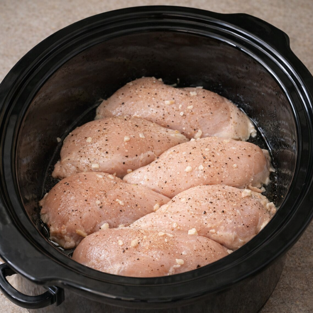 Raw chicken breasts arranged in a slow cooker before adding sauce