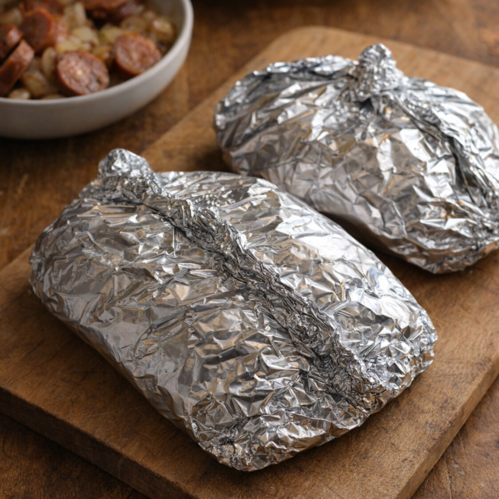 Sealed foil packets filled with sausage and pierogies