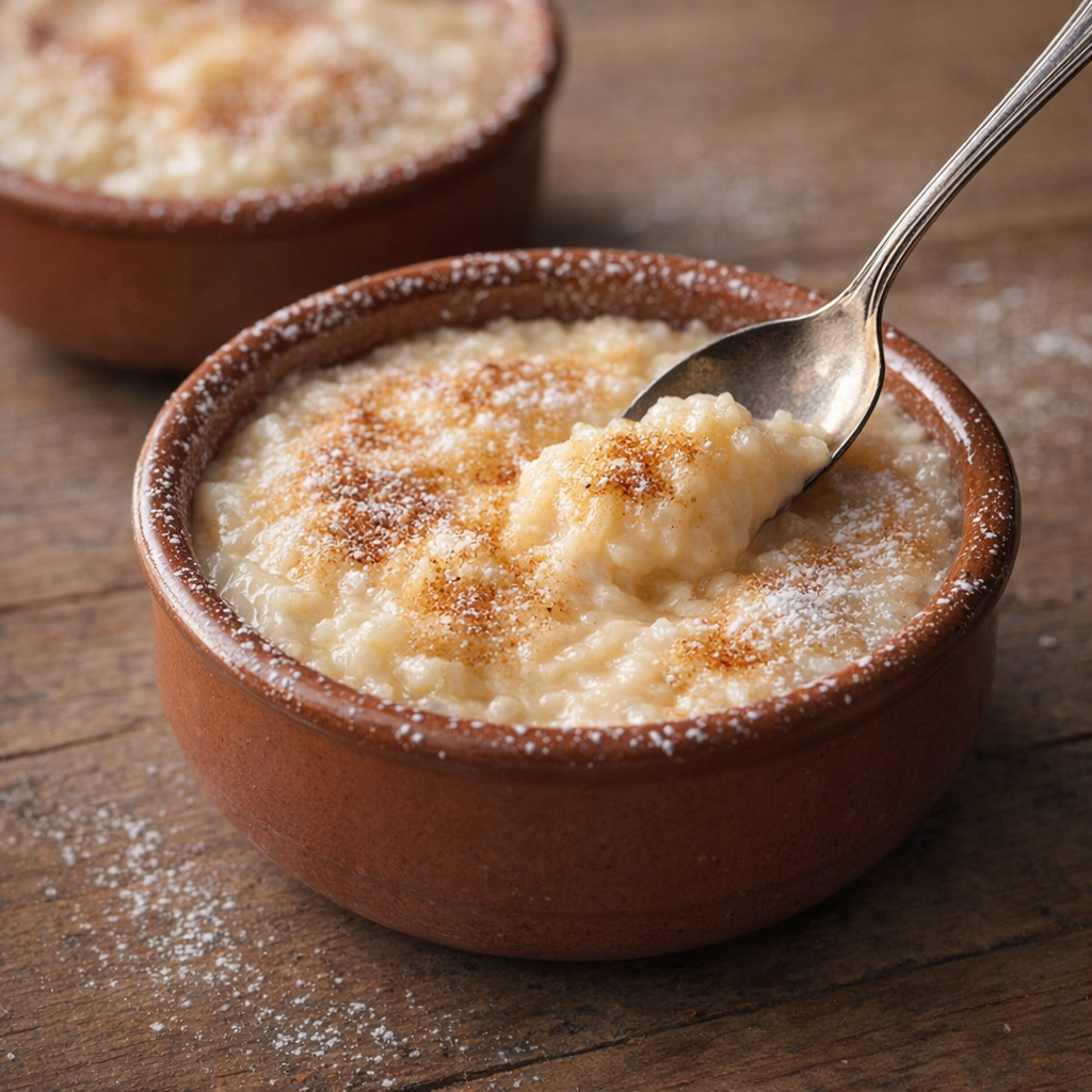 Individueel kommetje rijstpudding met poedersuiker
