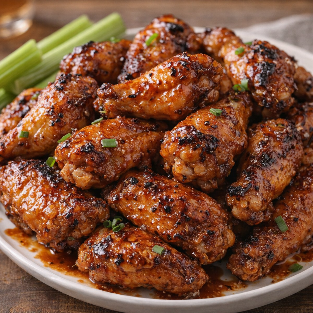 Close-up of finished sticky wings on a serving platter