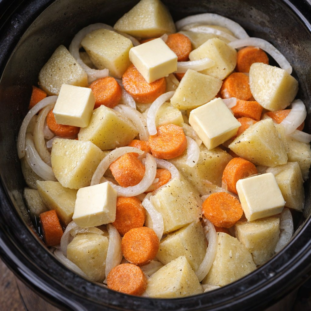 Slow cooker filled with raw potatoes, carrots, and onions