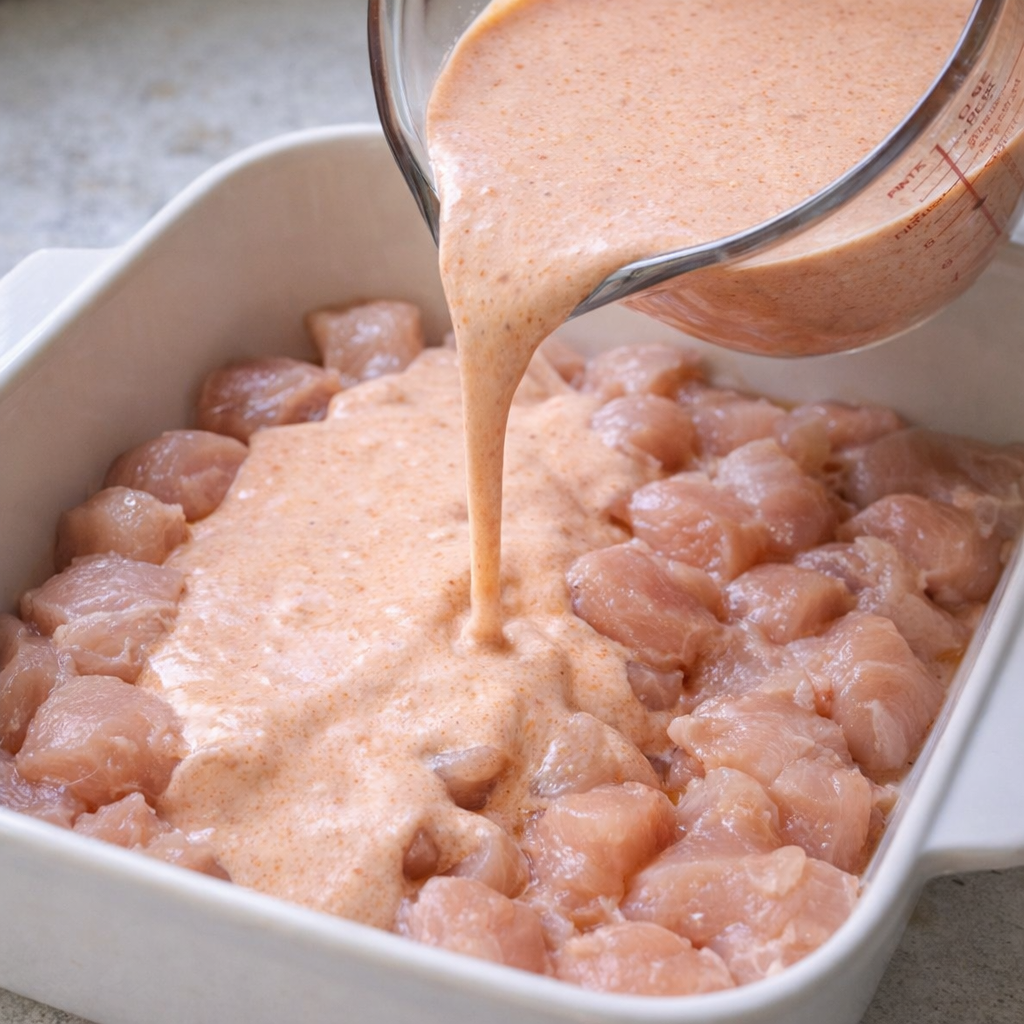 Paprika cream being poured over chicken in the baking dish