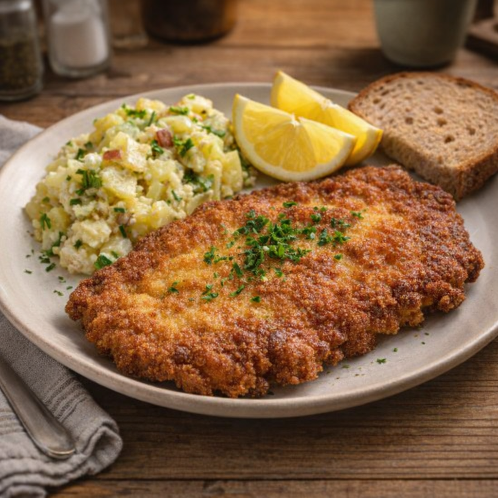 Finished schnitzel with lemon wedges and rustic sides