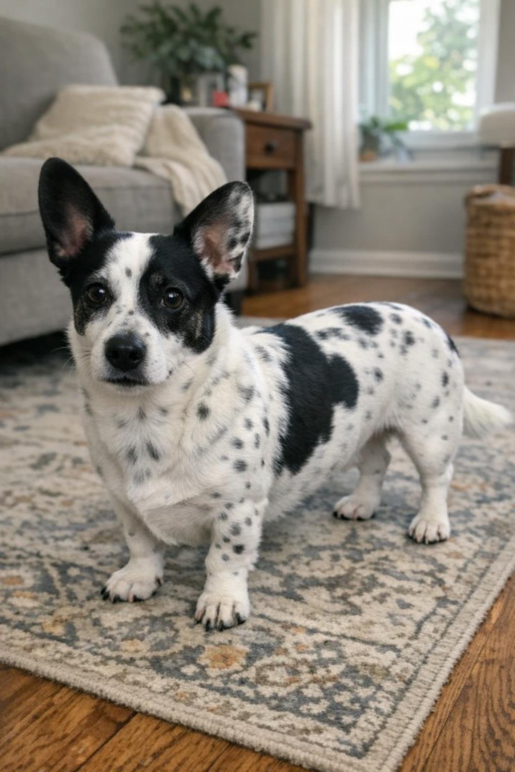 A short-legged white dog with black spots and perked ears standing on a living room rug