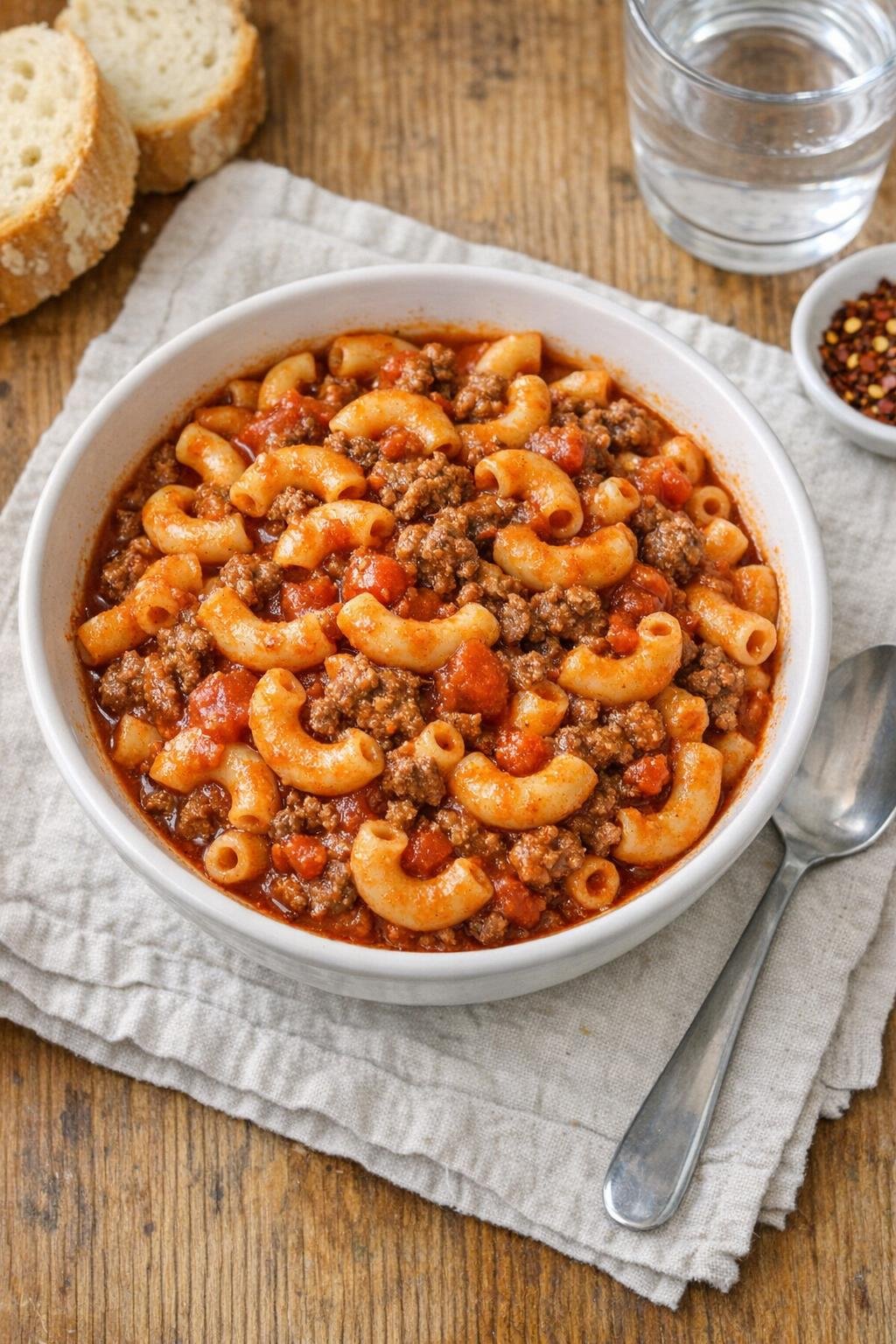 Finished American goulash in a bowl