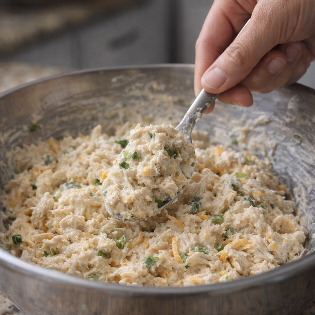 Chicken filling being mixed in a bowl