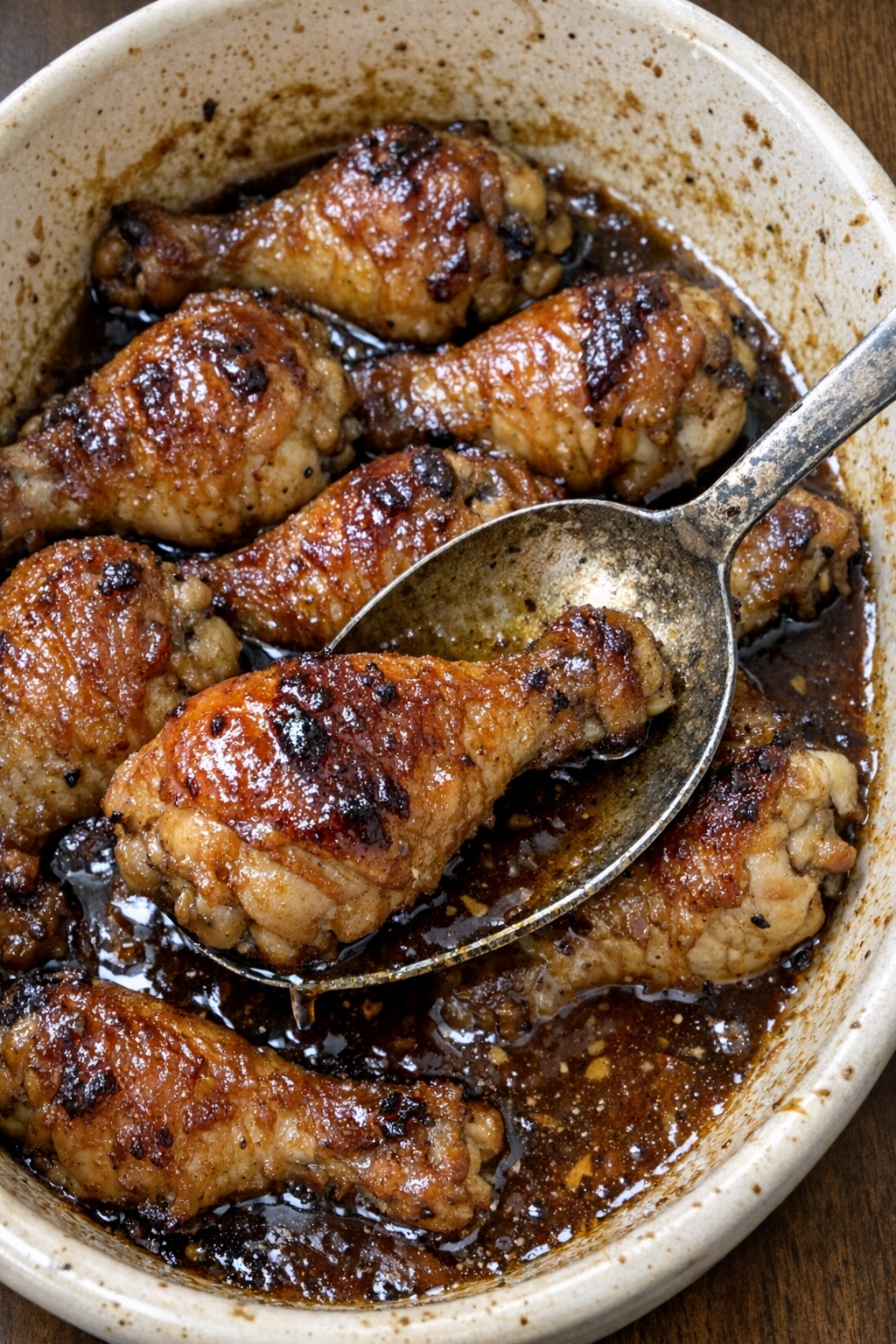 Saucy glazed chicken drumsticks in a ceramic dish
