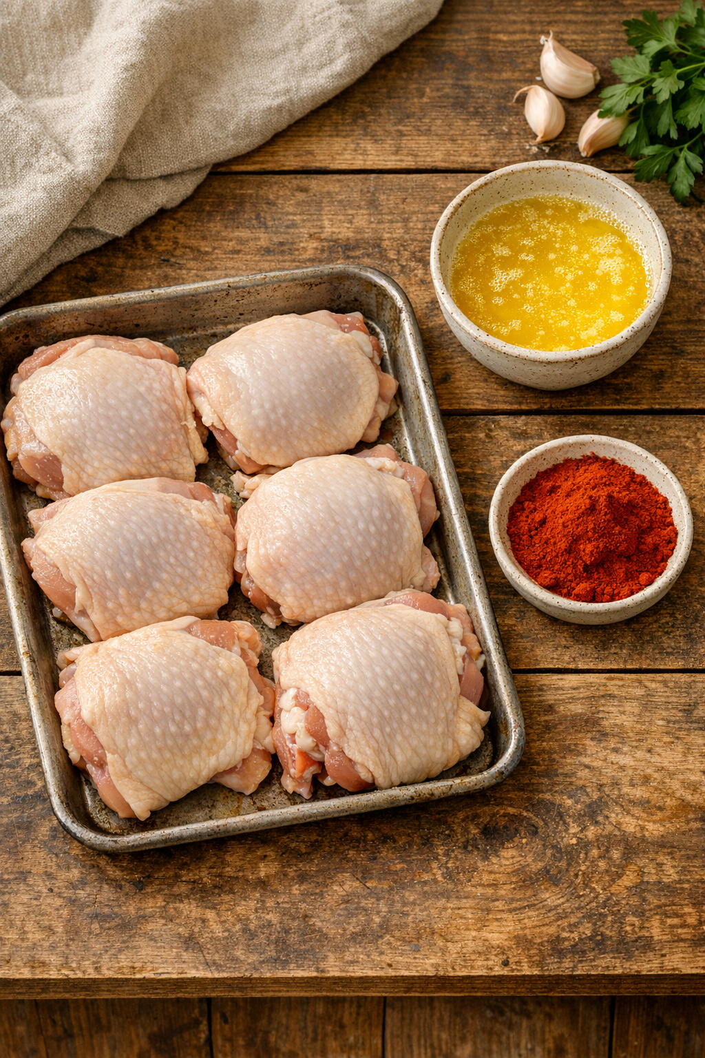Chicken thighs, melted butter, and paprika laid out for the recipe