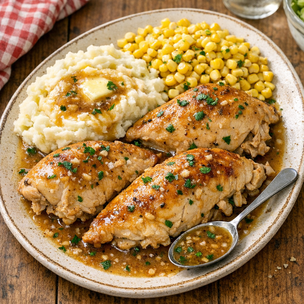 Finished slow cooker chicken plated with summer sides