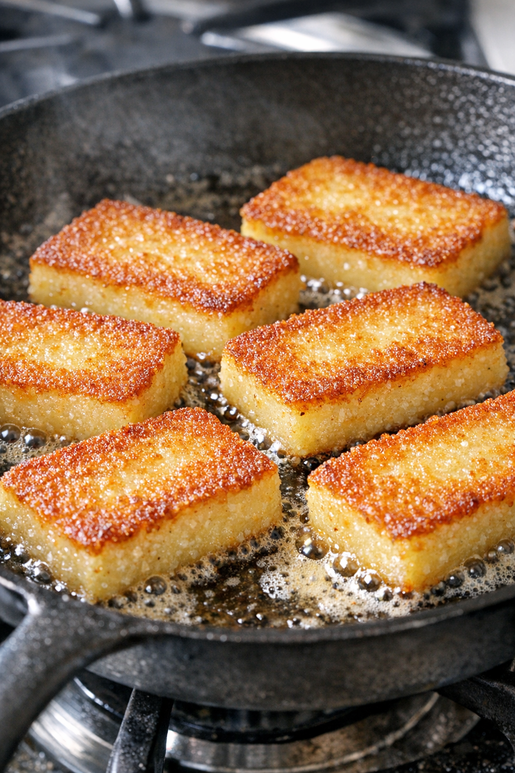 Cornmeal mush slices frying in skillet