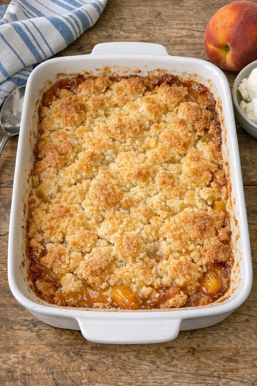 Finished buttery peach cobbler in casserole dish