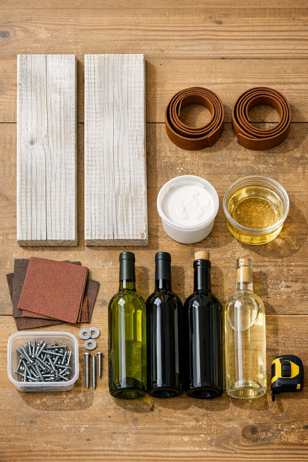 Materials for a pallet wood outdoor wine rack laid out on a worktable