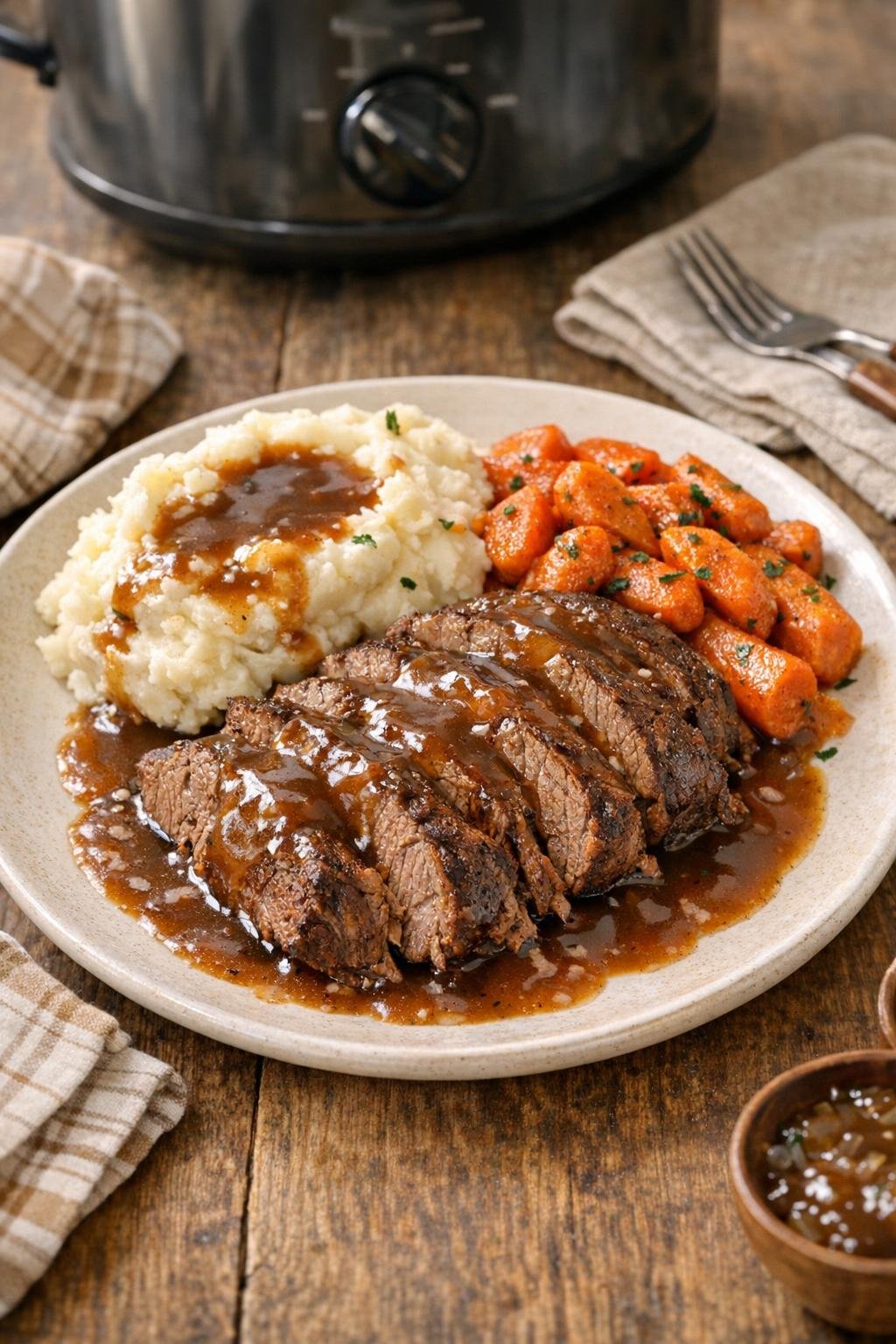 Finished slow cooker beef roast plated with gravy