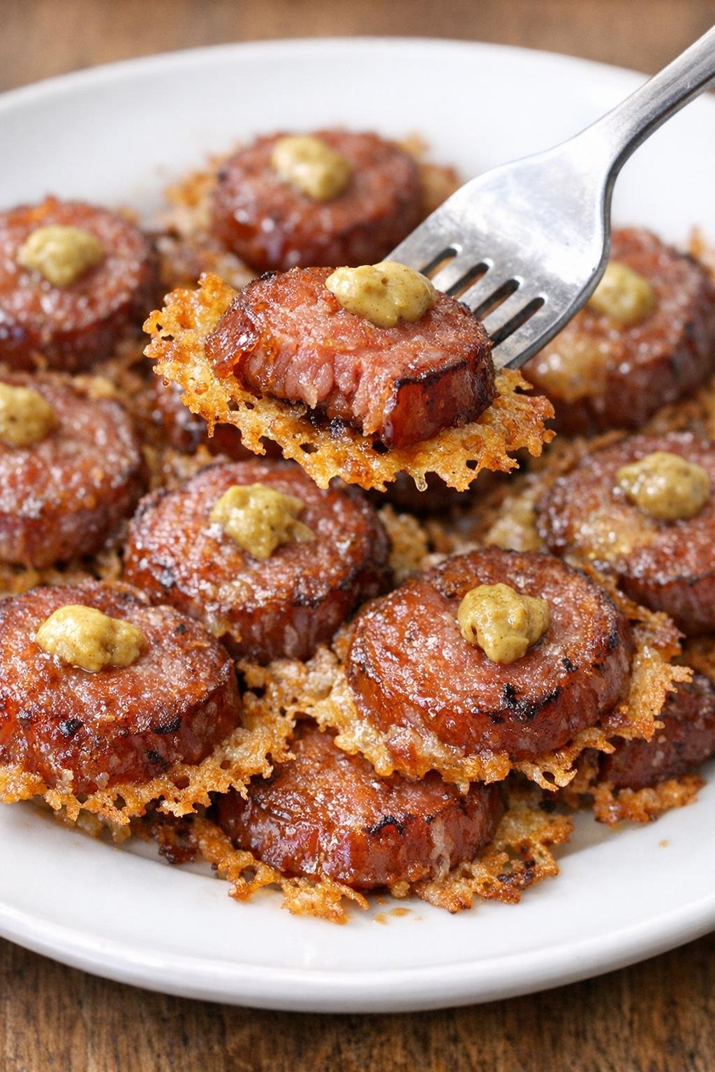 Low carb kielbasa crisps on a white plate