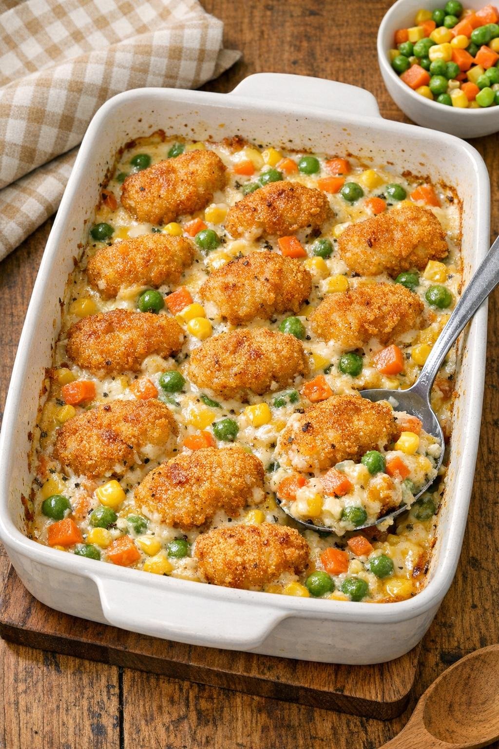 Finished chicken nugget bake in a ceramic dish