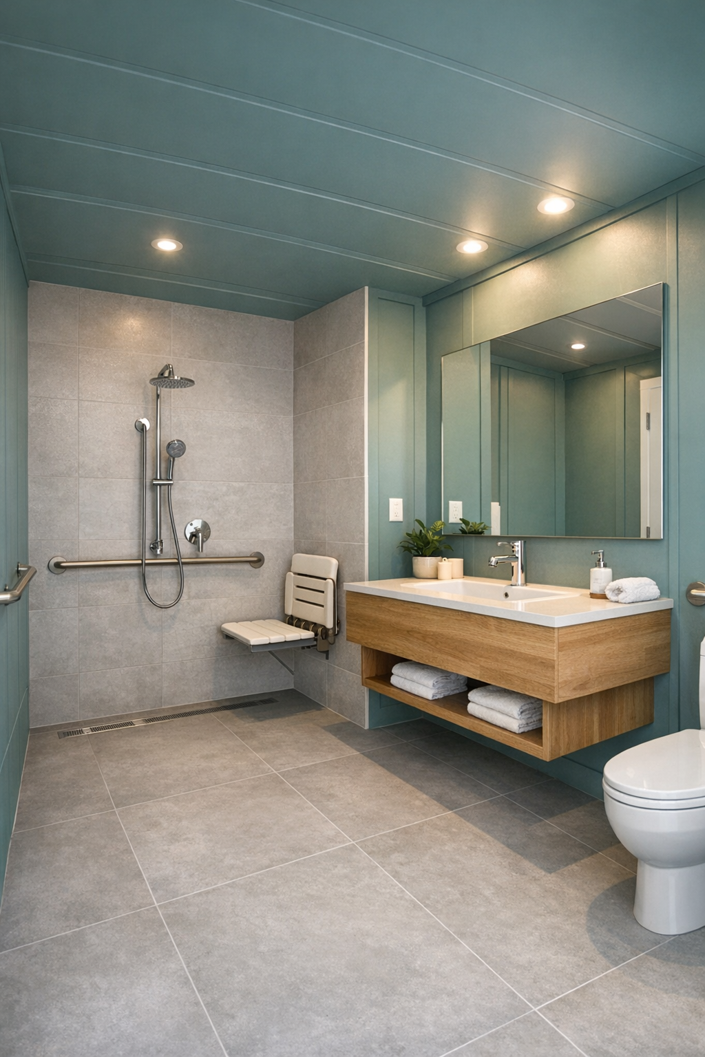 Modern accessible bathroom with curbless shower, wood vanity, and pale gray tile