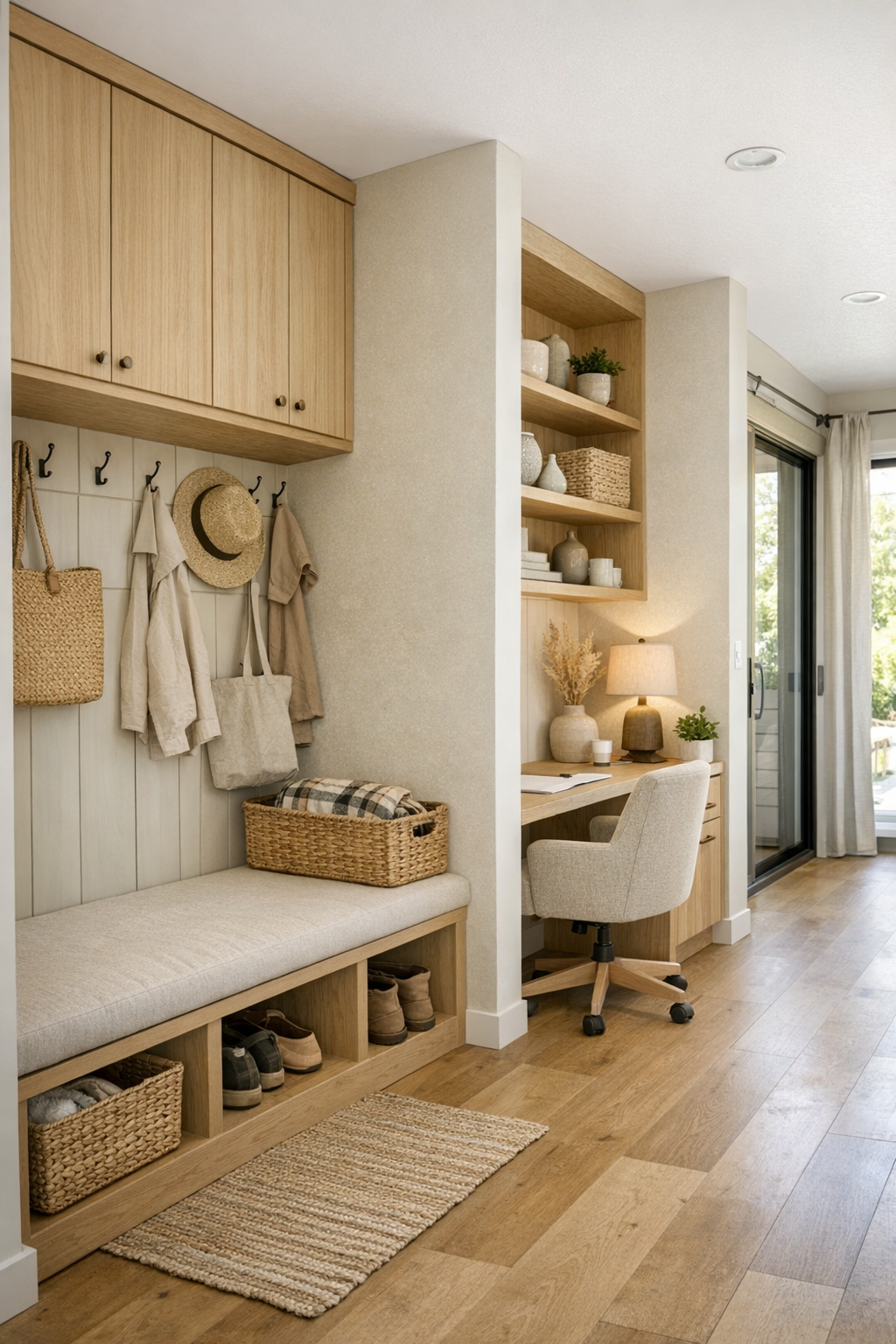 Organized secondary area with built-in storage and warm neutral finishes