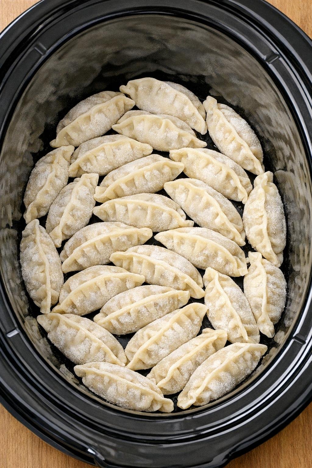 Frozen potstickers layered in black slow cooker