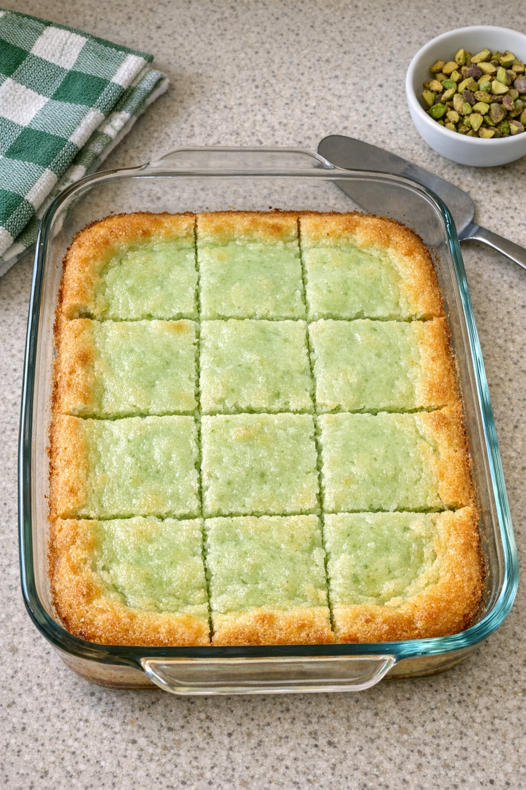 Baked pistachio dessert in a glass casserole dish