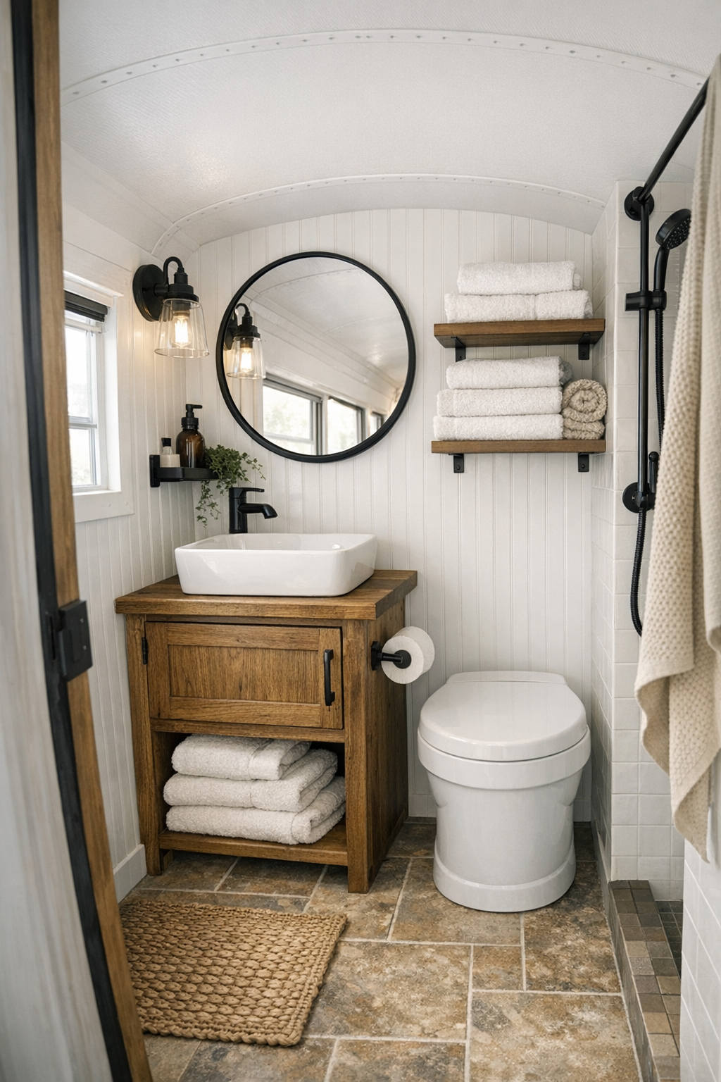 Compact rustic bus bathroom with wood vanity, round mirror, and earthy tile