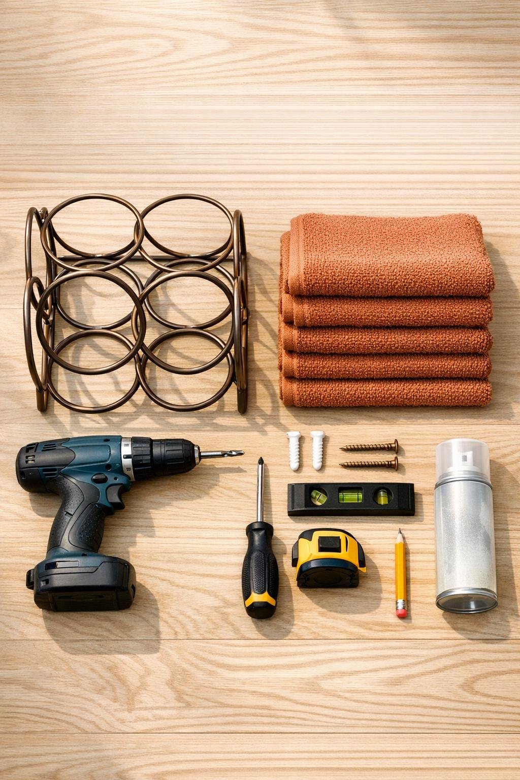 Materials for a wall-mounted wire wine rack towel holder laid out neatly