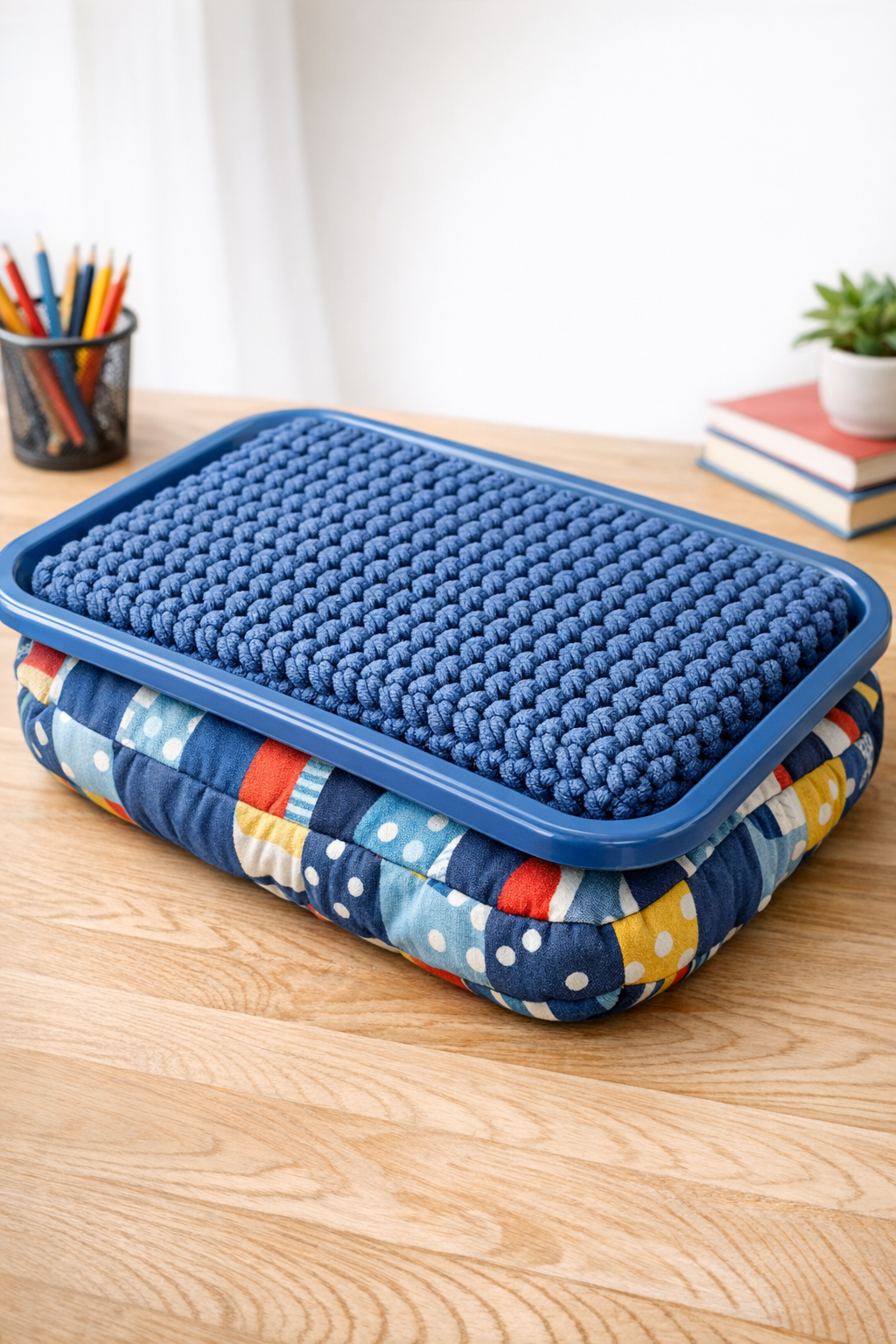 Finished crocheted cafeteria tray lap desk with pillow underside