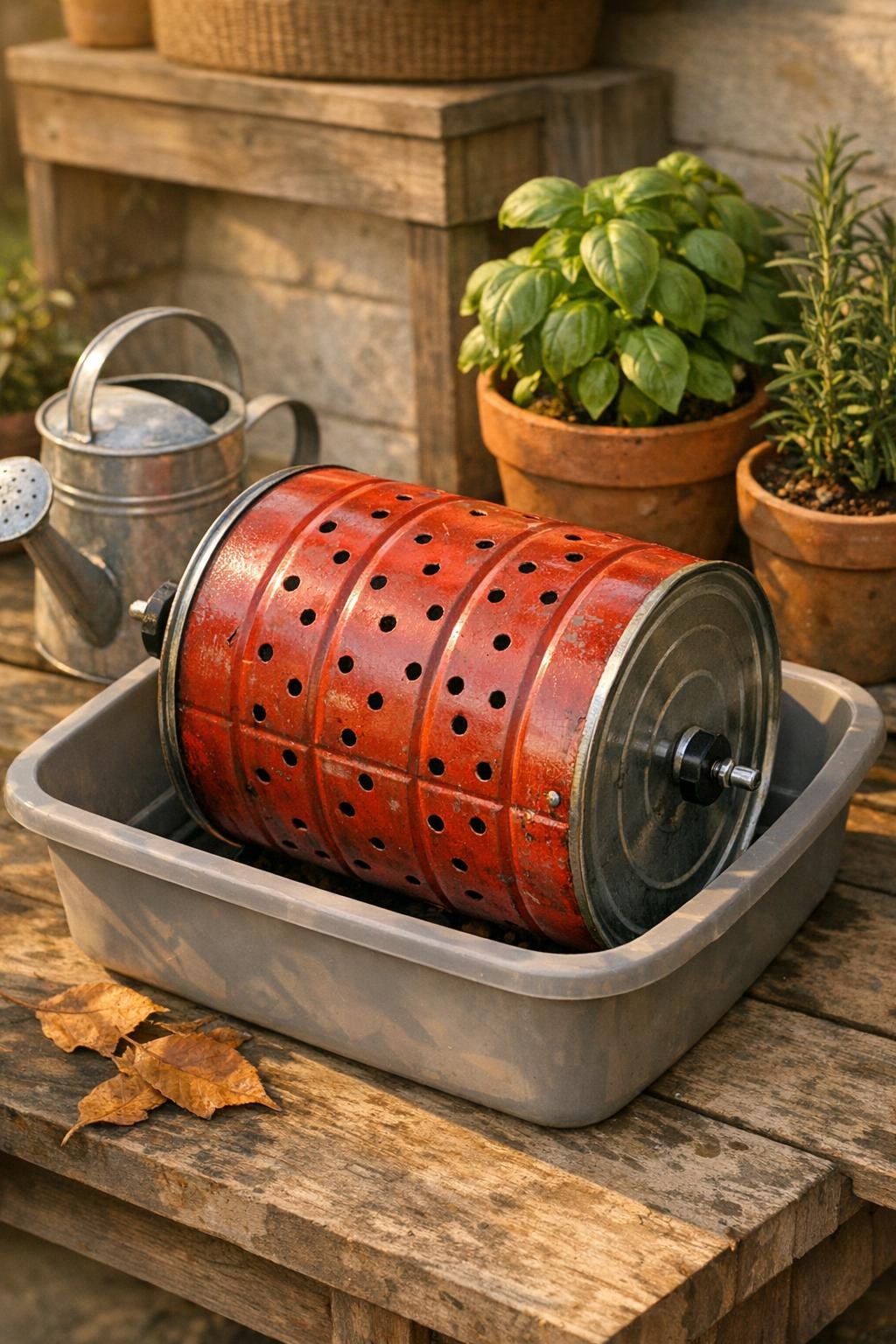 Finished coffee can compost tumbler set up on a patio potting area