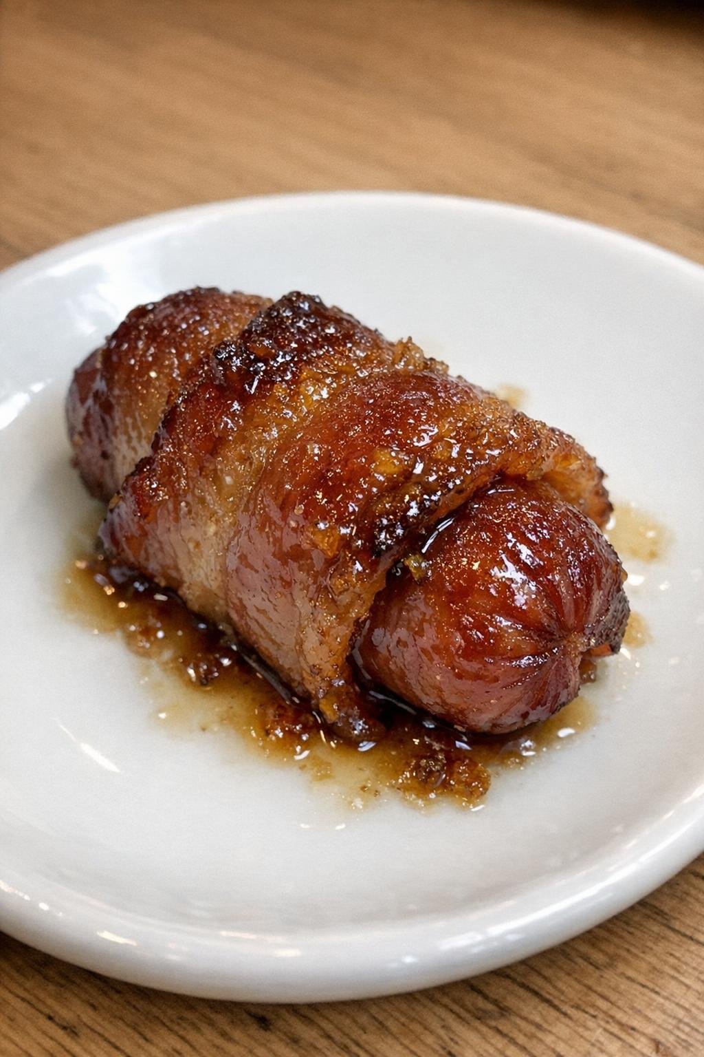 Single serving of brown sugar bacon wrapped smokies on a white plate