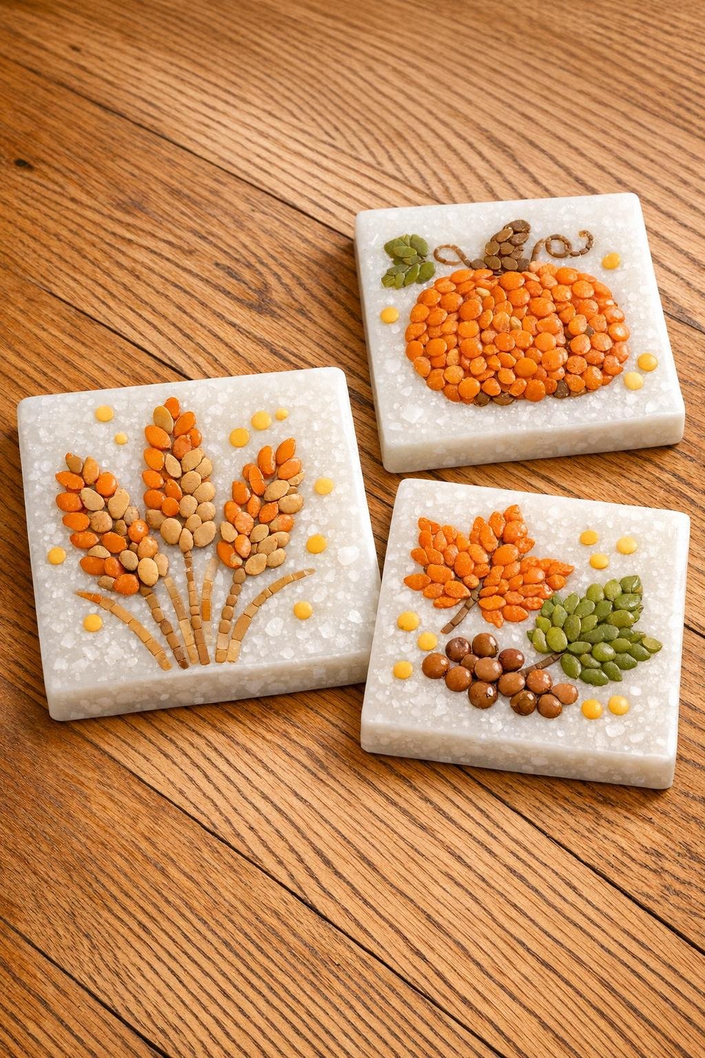 Three finished harvest-style decorative floor tiles made from fused milk jug plastic