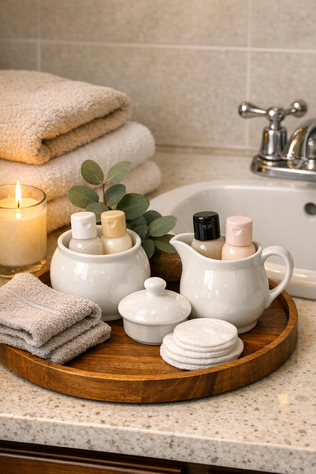 Finished bathroom hand cream caddy on a round tray beside a sink