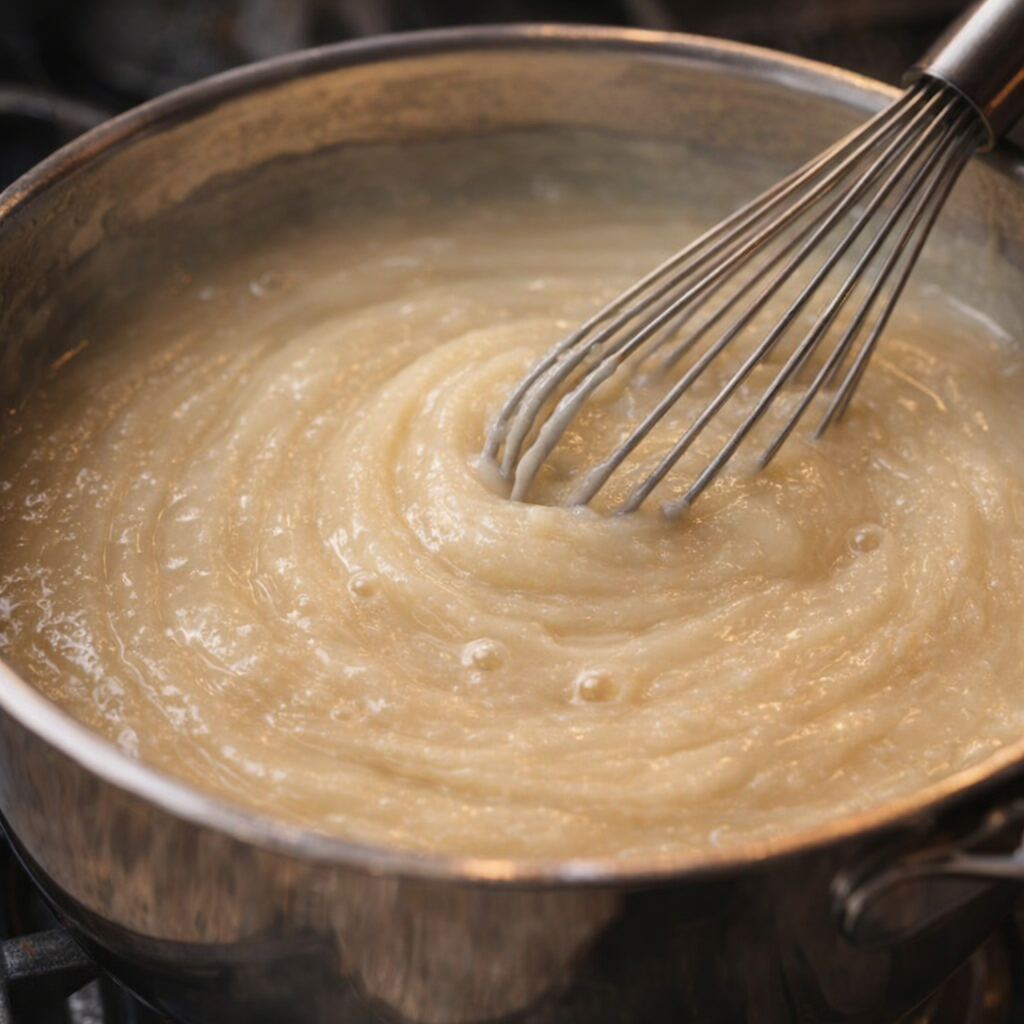 Thickened vanilla pudding bubbling gently in a saucepan