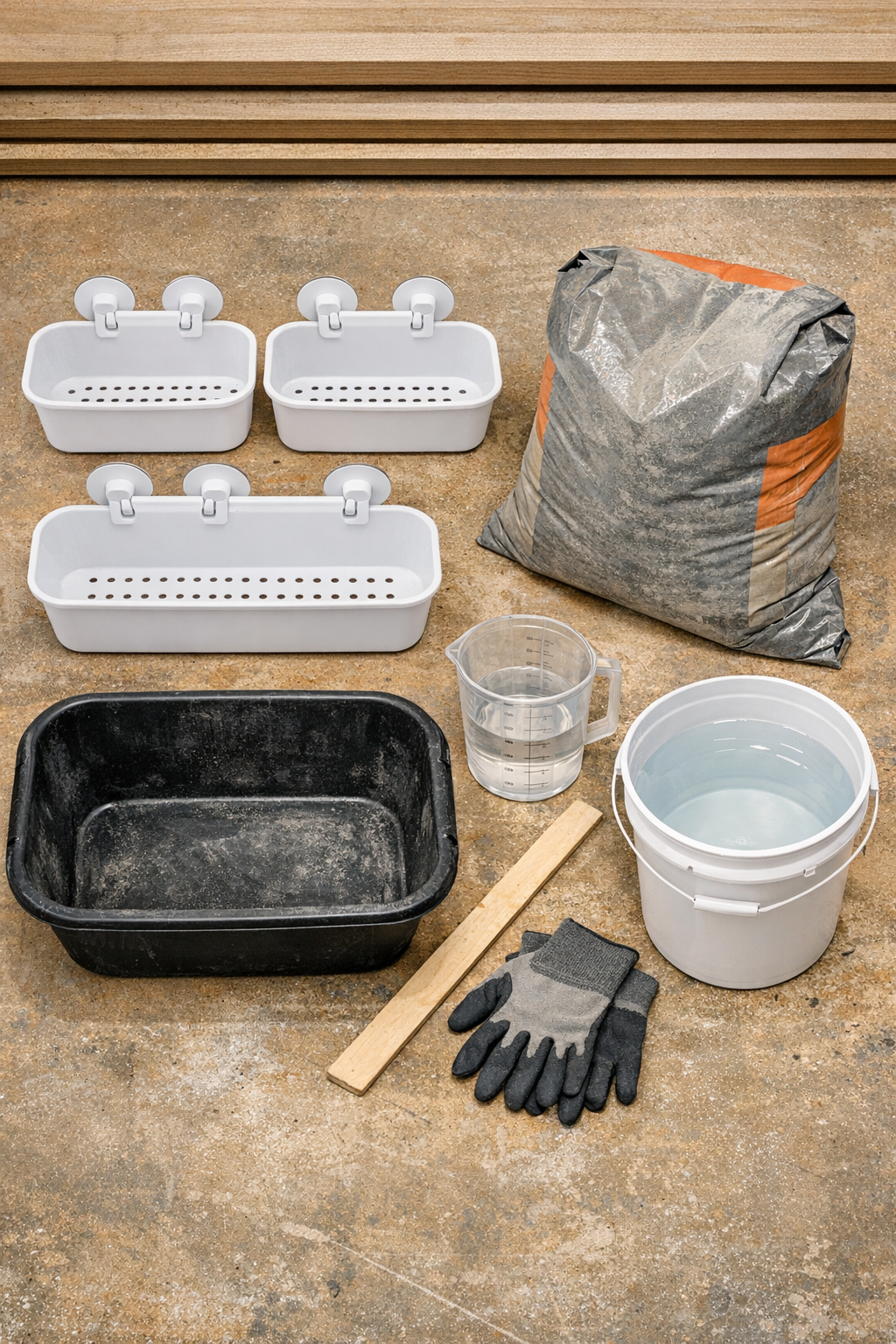 Plastic shower caddies, cement mix, and water laid out for the project