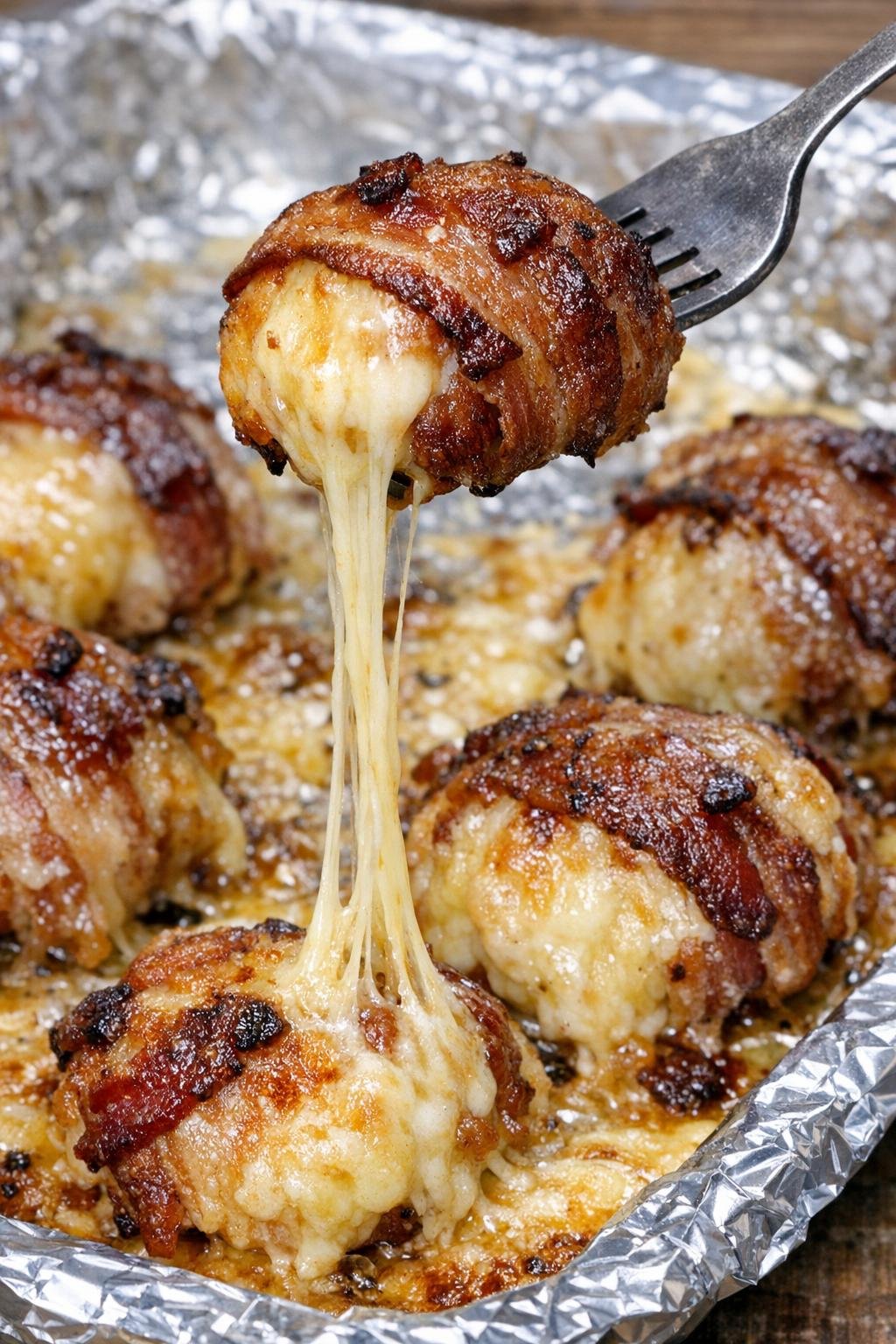 Close-up of bacon Beaumont bombs with melted cheese pull