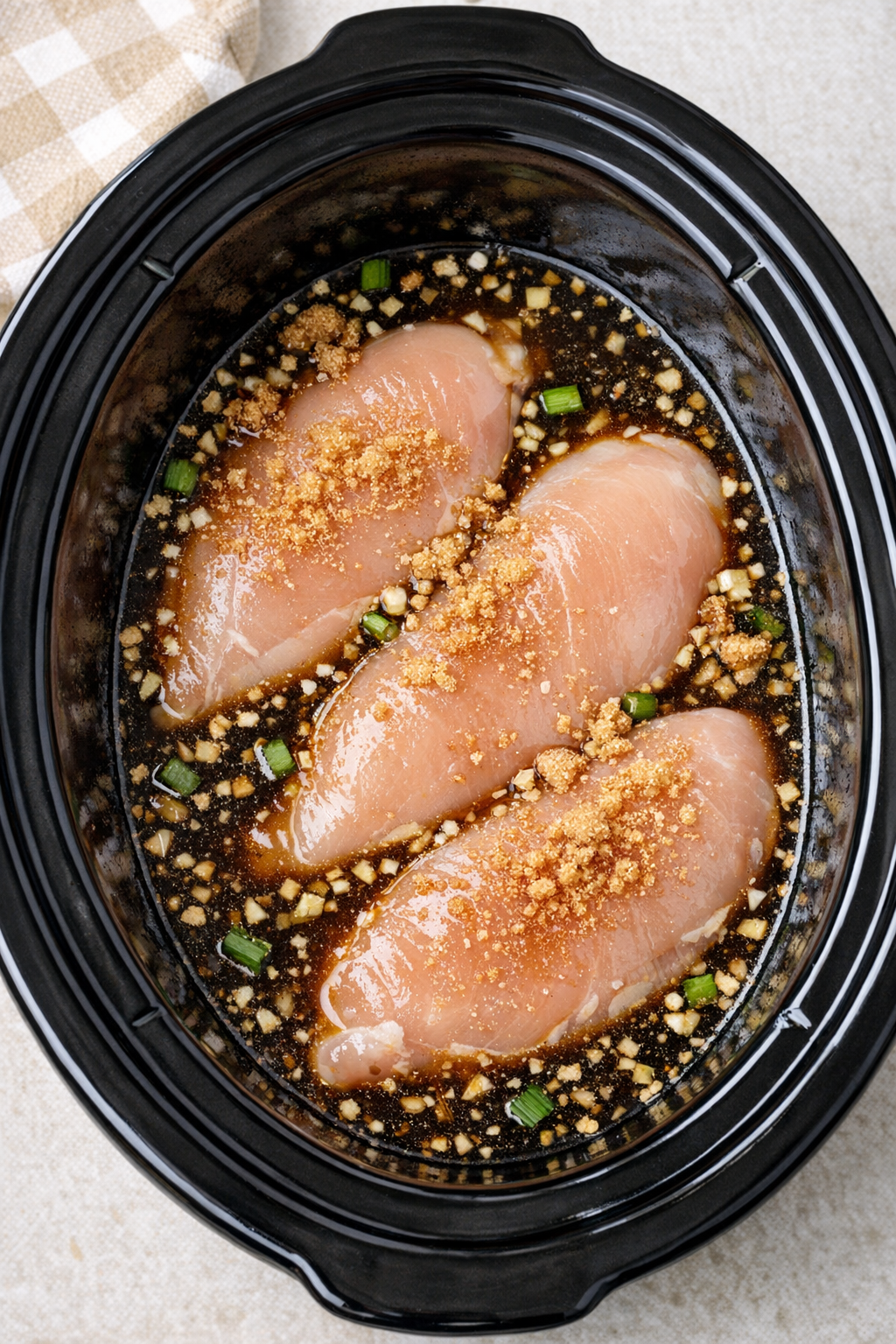 Chicken, broth, soy sauce, and brown sugar in the slow cooker