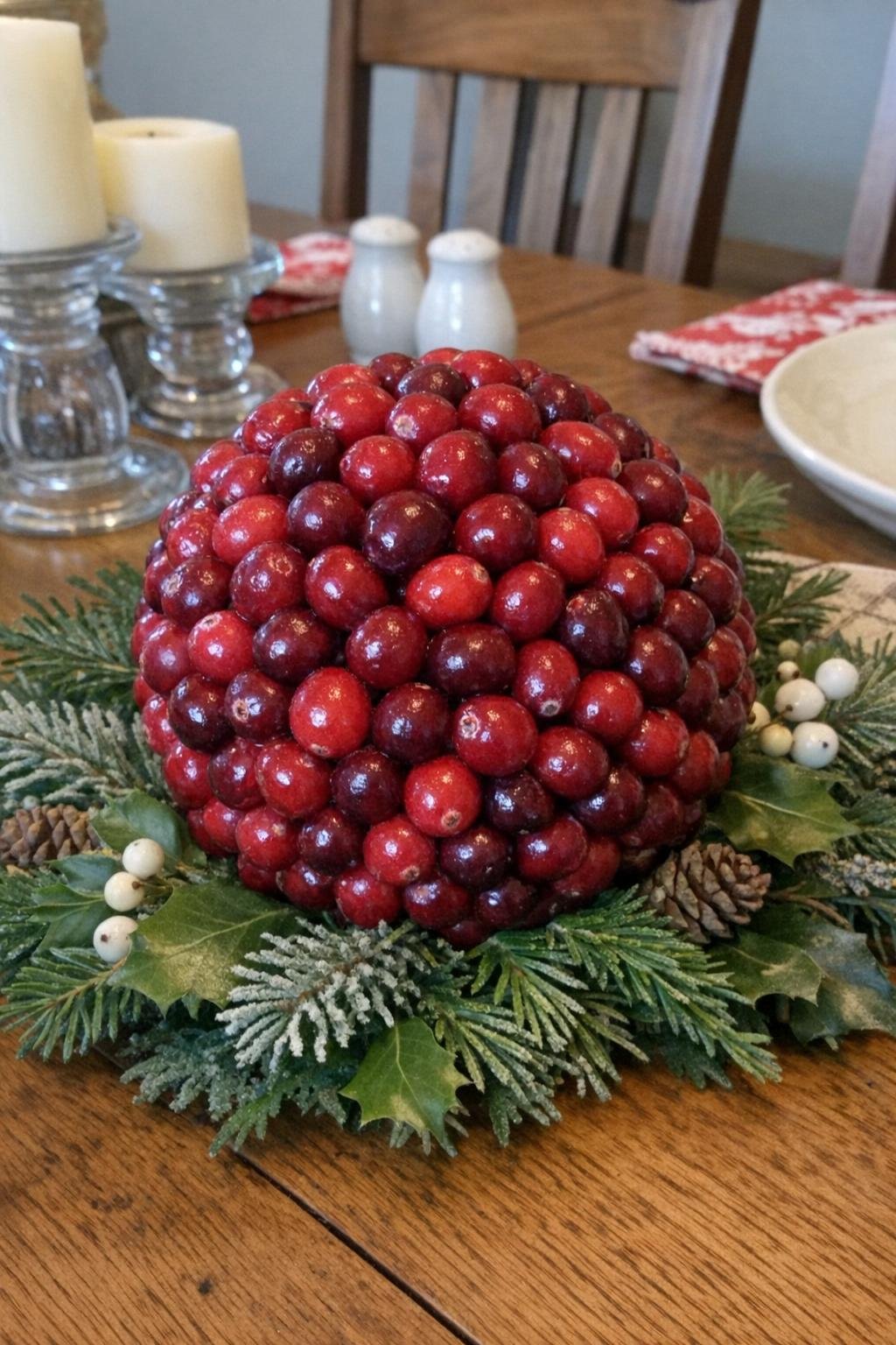 Cranberry-covered decorative ball for a table centerpiece