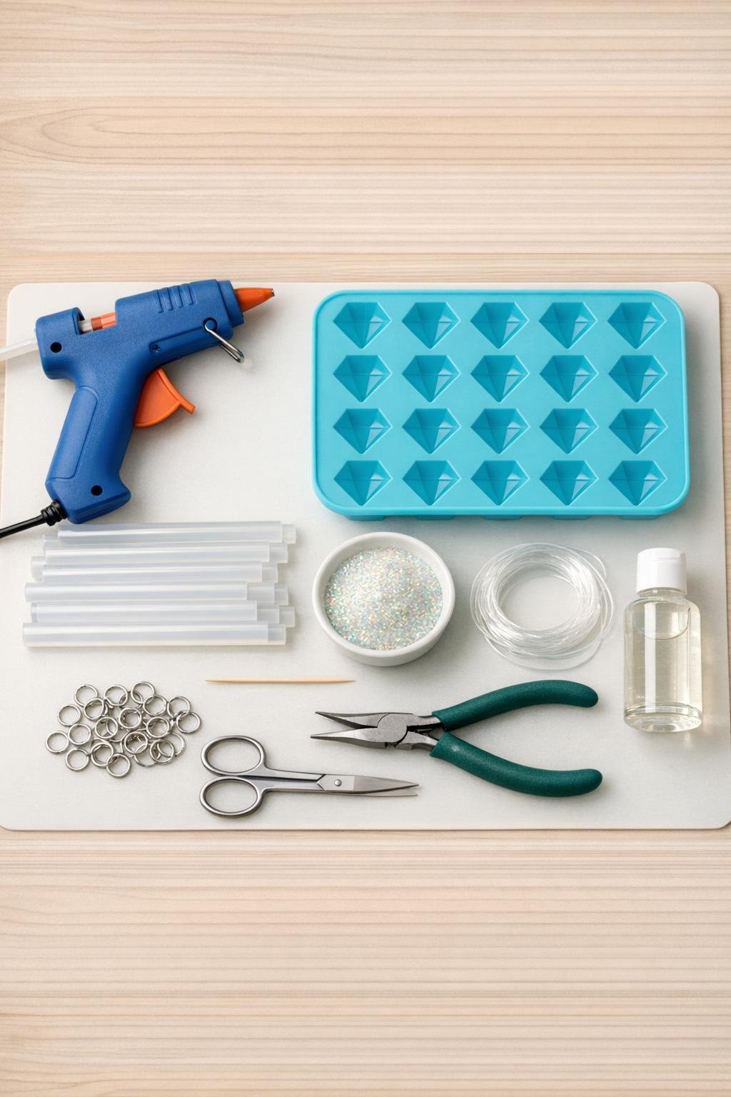 Craft materials laid out for making faux crystal chandelier drops