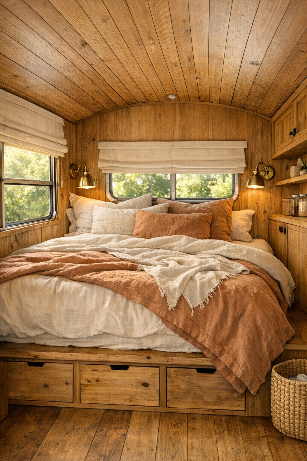 Peaceful bus bedroom with built-in bed and layered linen bedding