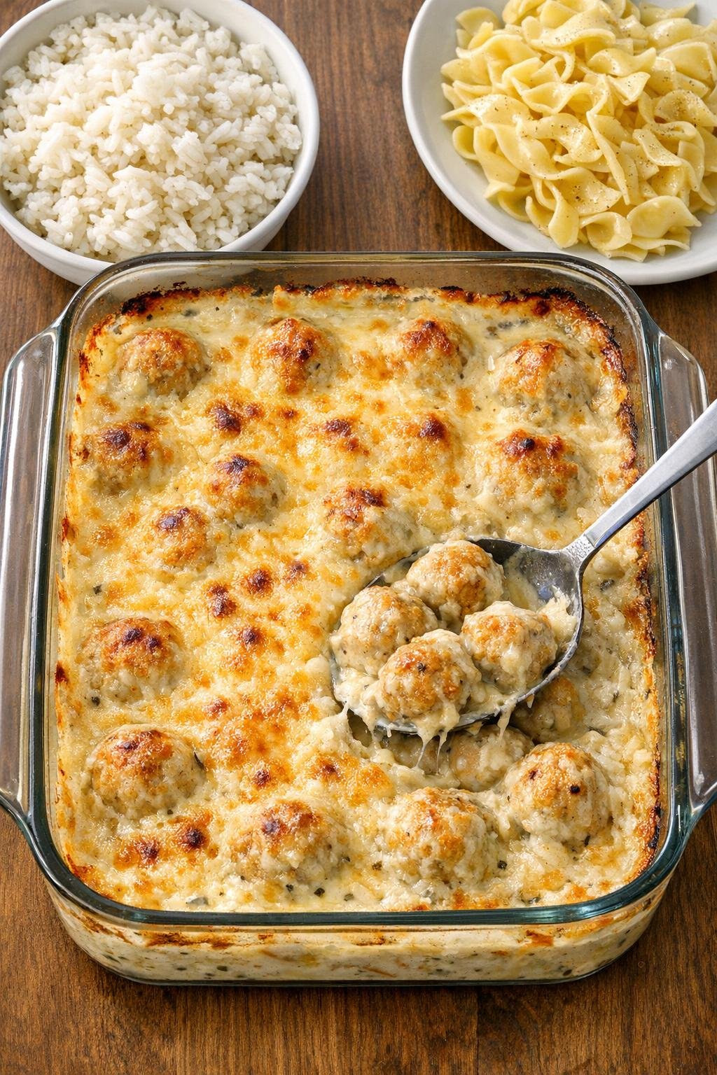 Finished creamy chicken meatball casserole in a glass baking dish