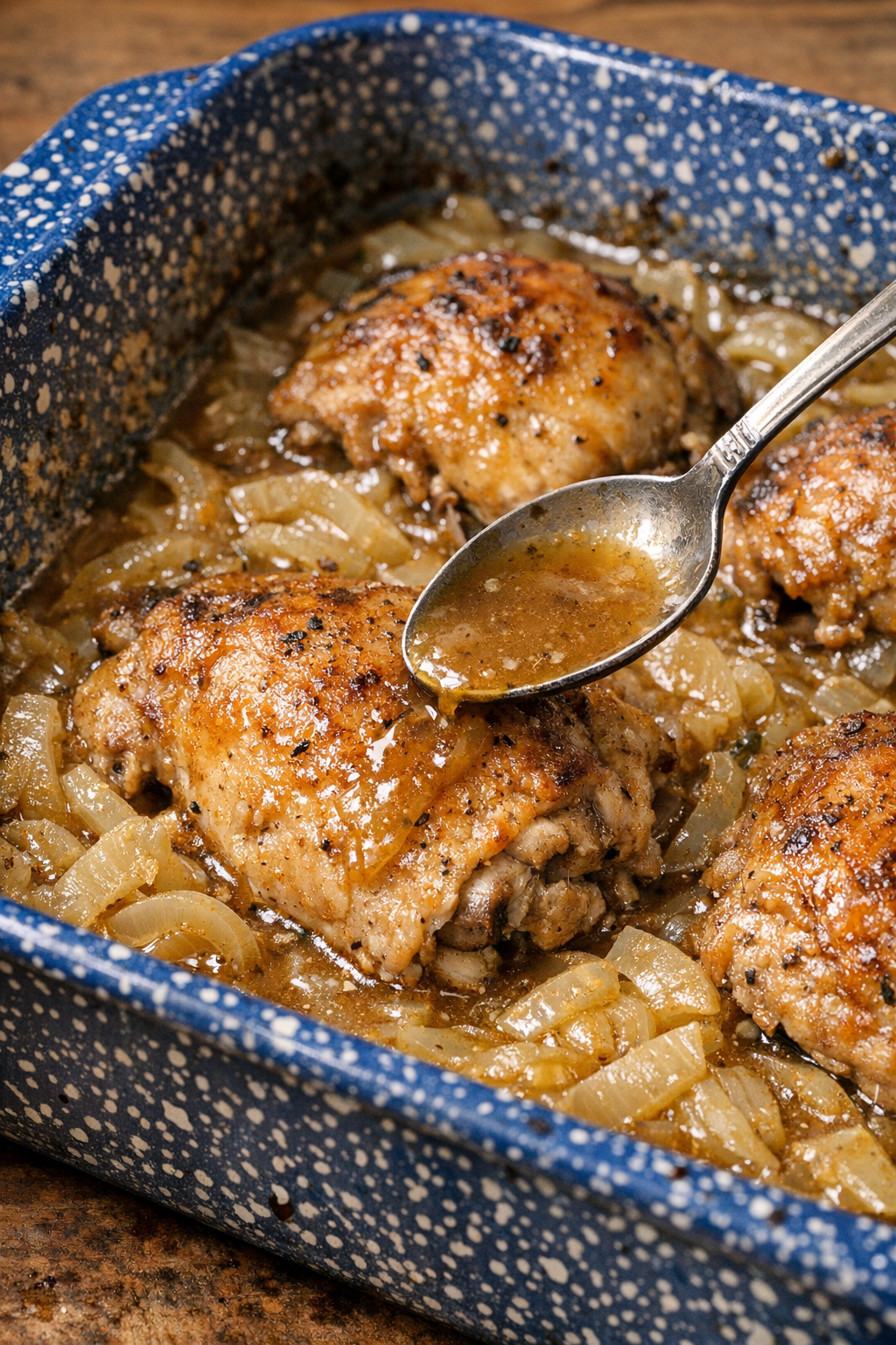Partially baked chicken with onion gravy in casserole dish