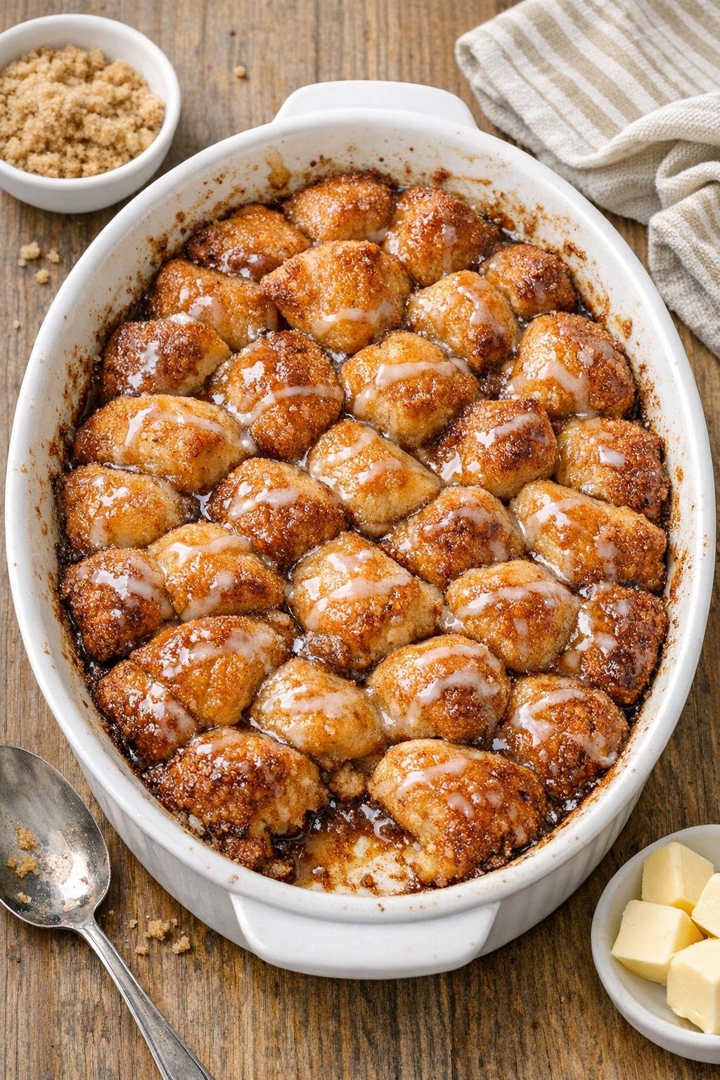 Finished baked biscuit dough dessert in a ceramic baking dish