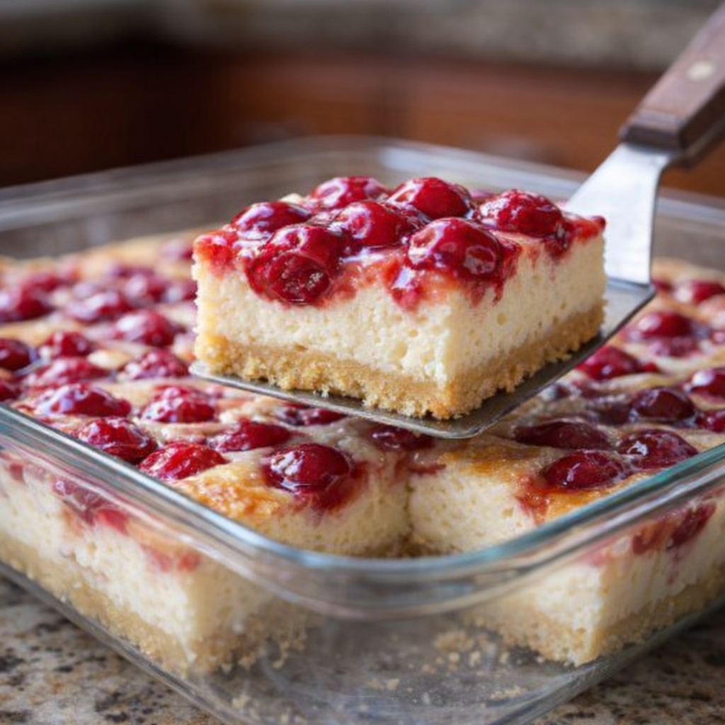 A sliced cherry cheesecake bar being lifted from the dish