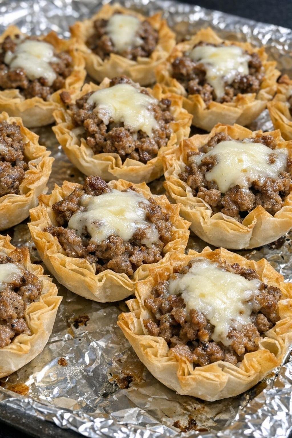 Oven baked beef phyllo cups on a foil-lined baking sheet